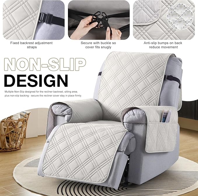 TAOCOCO 100% Waterproof Recliner Chair Cover, Non Slip Oversized Recliner Covers for Recliner Chair with Pocket, Reclining Chair Cover Furniture Protector for Kids, Pets(Oversized Recliner, Off White)