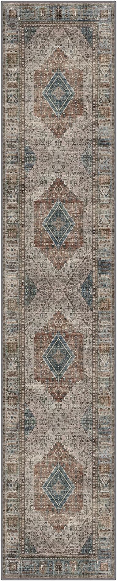 GENIMO Runner Rug for Hallways Machine Washable, 2x10 Non Slip Boho Vintage Lightweight Washable Runners, Thin Floor Rugs for Entryway Hallway Bathroom Laundry Room Corridor,Geometry Sepia/Blue