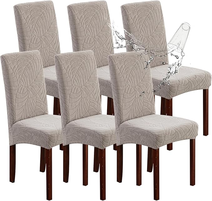 Genina 100% Waterproof Chair Covers for Dining Room Set of 6, Large Dining Room Chair Covers Protectors Stretch Kitchen Parson Chair Slipcovers for Home, Restaurant (Large, Leaves-Warm Gray)