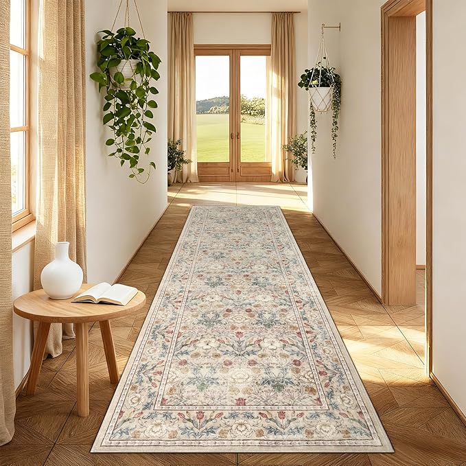GarveeHome Washable Runner Rug 2x6, Non Slip Floral Kitchen Runner for Hallway Entryway Beige Laundry Bathroom Mat Farmhouse Thin Stain Resistant Carpet for Bedroom Beside Rug