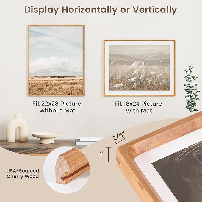22x28 Poster Frame, USA-Sourced Cherry Wood Picture Frame with HD Tempered Glass, Handcrafted Rounded Corner 22 x 28 Wooden Frames Matted to 18x24 Photos, Horizontal or Vertical Wall Display