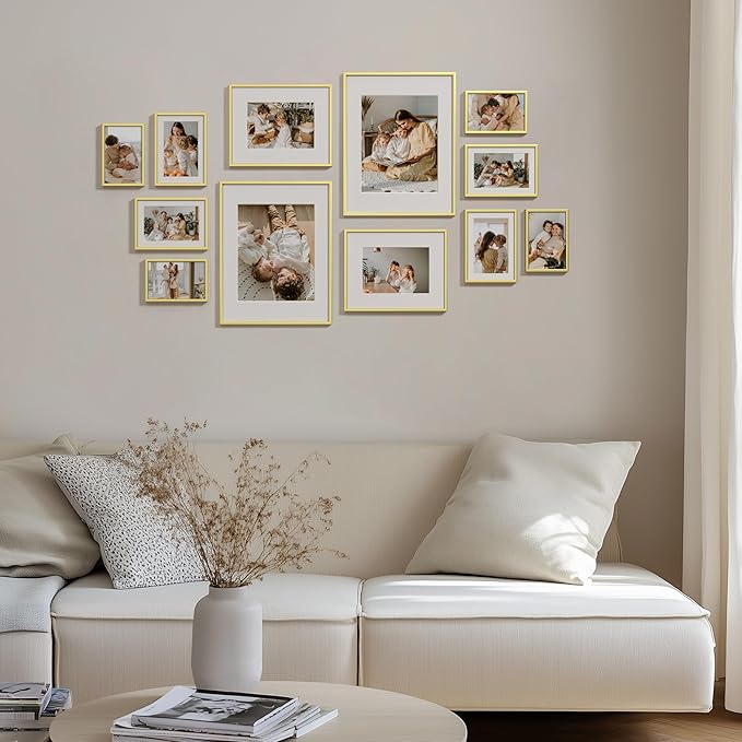 eletecpro Aluminum Gallery Wall Frame Set of 12, Including 2Pcs 11x14, 2Pcs 8x10, 4Pcs 5x7, 4Pcs 4x6 Photo Frames for Wall or Tabletop Display, Multiple Sizes Picture Frames Collage Wall Decor, Gold
