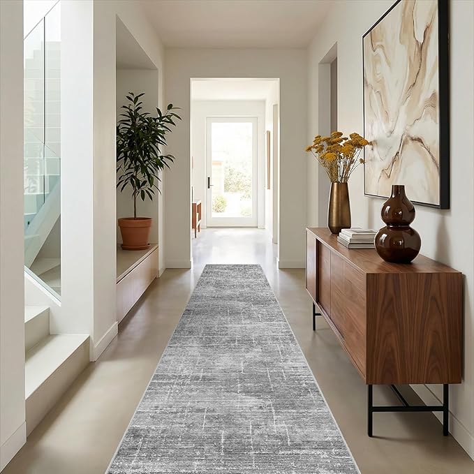 2x10 Washable Hallway Runner Rug - Modern Abstract Neutral Long Carpet with Non-Slip Backing Low-Pile Stain-Resistant Thin Runners for Kitchen Bathroom Bedroom Entryway (2x10, Gray)