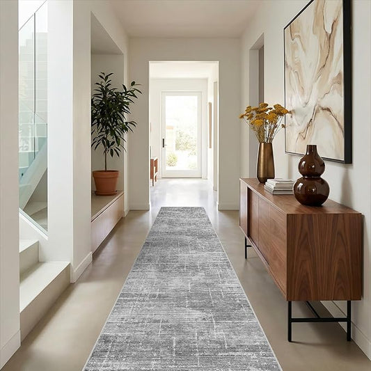 2x10 Washable Hallway Runner Rug - Modern Abstract Neutral Long Carpet with Non-Slip Backing Low-Pile Stain-Resistant Thin Runners for Kitchen Bathroom Bedroom Entryway (2x10, Gray)