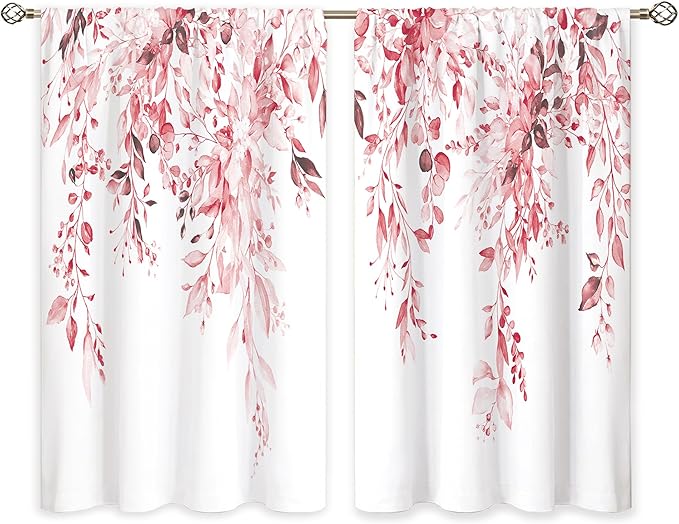 Pink Eucalyptus Botanical Leaves Farmhouse Floral Small Kitchen Curtains Flower Window Treatment Wildflower Plant Cafe Short Window Curtains for Bathroom Room Tier Treatment Drape 26x36 inch