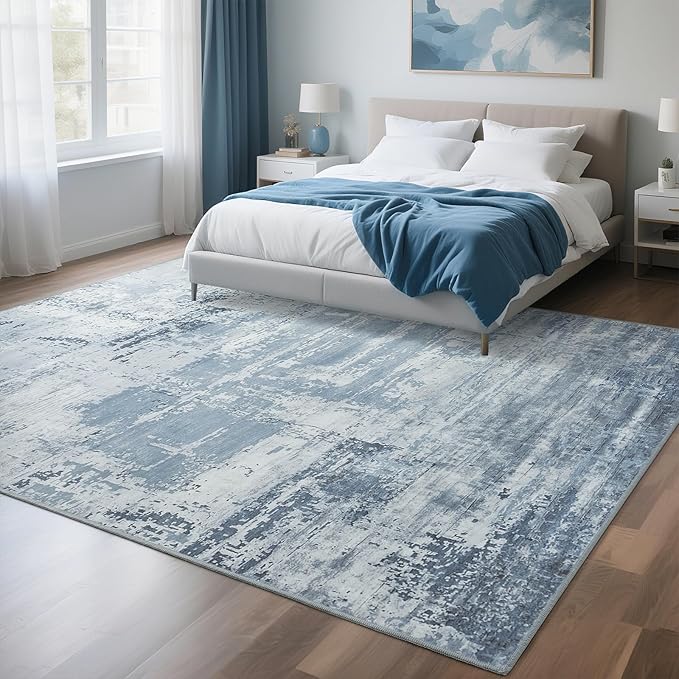 HOMORE Living Room Rug 8x10 Blue Area Rugs Non Slip Washable Rugs for Bedroom Dining Room Abstract Carpet for Farmhouse Kids Playroom Classroom