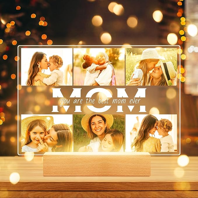 Personalized Gifts for Mom from Daughter Son, Custom Picture Frames with Photos, Customized Photo Frame with Night Light, Personalized Birthday Gifts for Mom Baby Kids Family