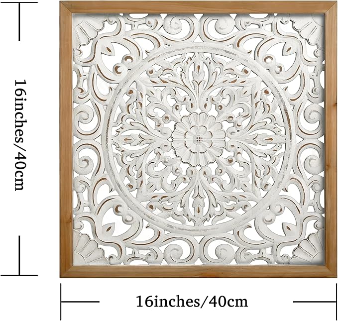 XIAOAIKA Boho Carved Wood Wall Sculpture, Intricate Floral Mandala Design with Distressed White Finish, Vintage Farmhouse Wall Art Panel with Solid Wood Frame for Bedroom Entryway (22.5" x 22.5")