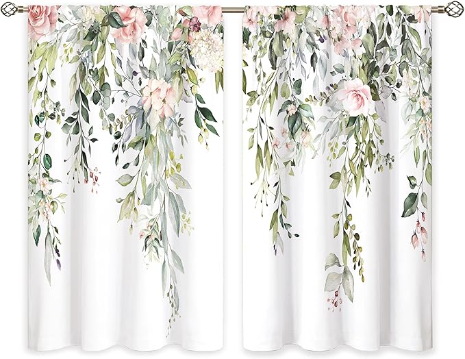 Eucalyptus Botanical Leaves Pink Rose Floral Kitchen Window Curtains Over Sink Farmhouse Flower Leaf Small Window Treatment Cafe Short Curtains for Bathroom Treatment Tier Drapes 26x24 inch