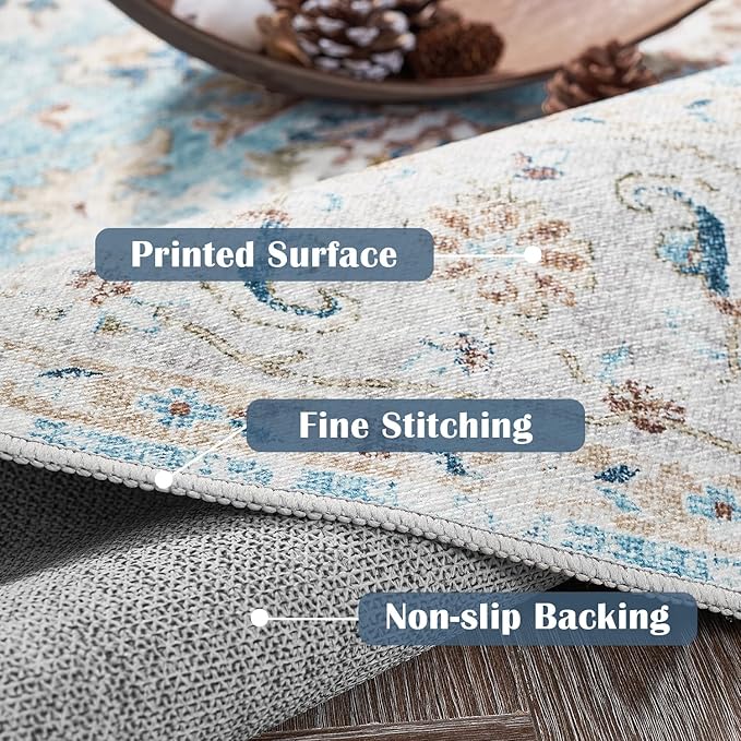 jinchan Round Rug 8ft Area Rug - Washable Boho Vintage Floral Circle 8' Round Floor Cover Lightweight Low Pile Thin Throw Non-Slip Carpet for Kitchen Living Room Bedroom Dining Room Office Light Blue