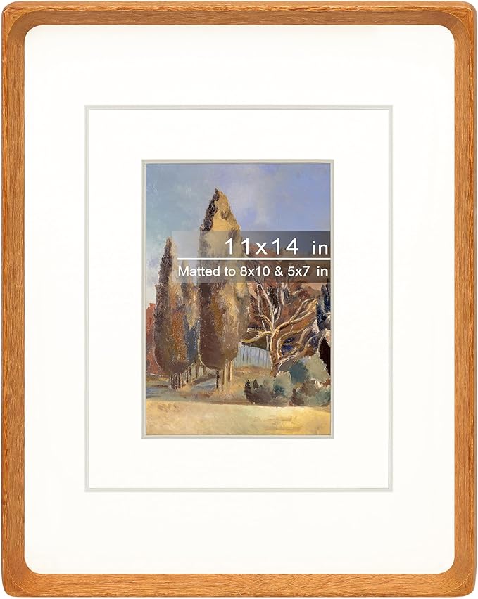 11x14 Picture Frame with Mat for 5x7/8x10, Natural Teak Wood Handcrafted Rounded Corner with Real Glass, Vertical or Horizontal Display Photo Gallery Wall Mounting Frame