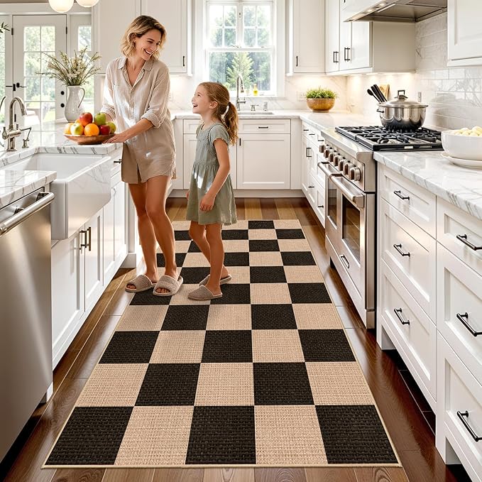 3x6 Kitchen Runner Rug Washable Non Slip: Diamond Pattern Faux Jute Rug - Thin Easy Clean Indoor Farmhouse - Boho Rugs for Entryway Kitchen Hallway Bedroom Modern Home Decor Mat (Black,3x6)