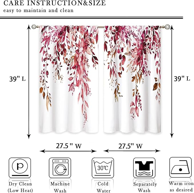 Burgundy Eucalyptus Small Kitchen Curtains Watercolor Red Leaves Window Treatment Flower Floral Plant Botanical Cafe Short Curtains for Bathroom Dining Fall Tier Treatment Drapes 27.5x39 inch