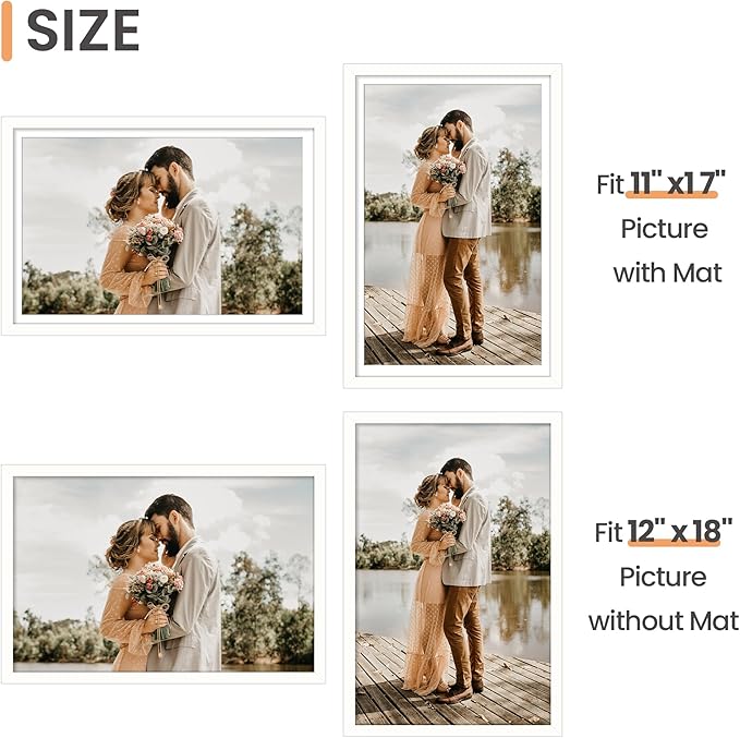 upsimples 12x18 Picture Frame, Display Pictures 11x17 with Mat or 12 x 18 Without, Wall Hanging Poster Frames, White, 1 Pack