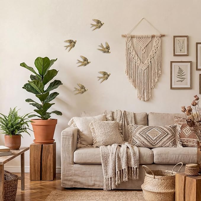6 Pcs Vintage Bird Wall Sculpture Decor Art 4.7 Inch Antique 3D Sculpted Hanging Bird Resin Wall Art Golden Brass Floating Ornament for Living Room Garden Outdoor, Gifts for Couples Housewarming