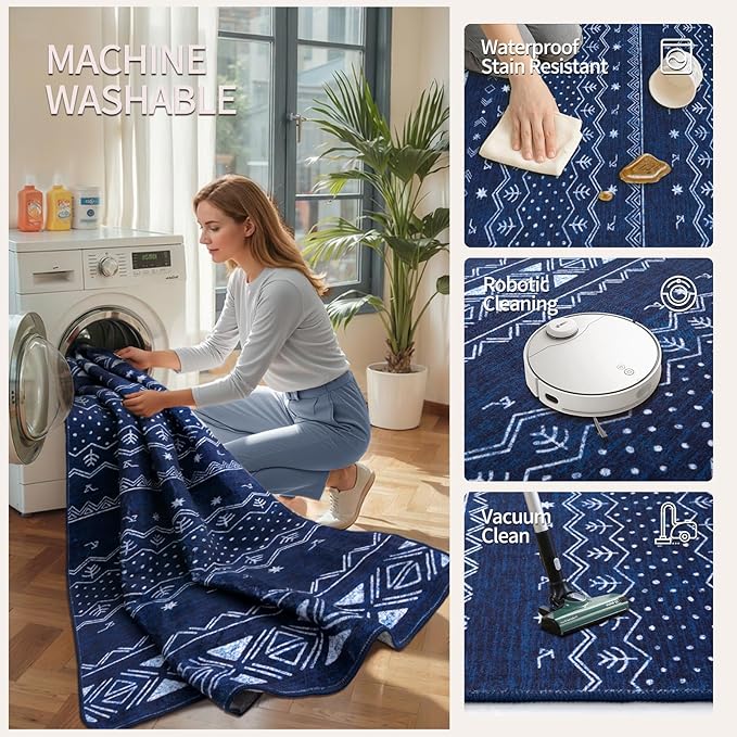 SERISSA 6x9 Area Rugs for Living Room, Washable Non-Slip Blue and White Boho Rug, Soft Low-Pile Geometric Indoor Large Carpet for Dining Room Bedroom Home Office Playroom