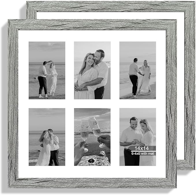 14x14 Picture Frame Set of 2, Grey with Glass Collage Frame, Display Photo Six Opening 4x6 With Mat or 14 x 14 Without Mat - Horizontal or Vertical Wall Mounting