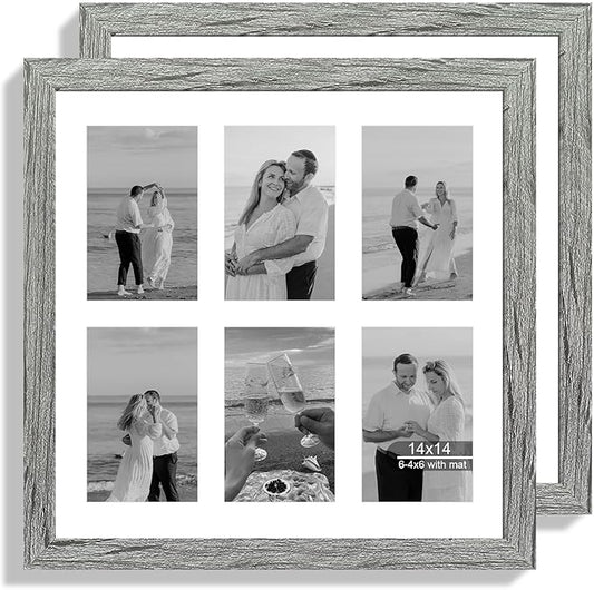 14x14 Picture Frame Set of 2, Grey with Glass Collage Frame, Display Photo Six Opening 4x6 With Mat or 14 x 14 Without Mat - Horizontal or Vertical Wall Mounting