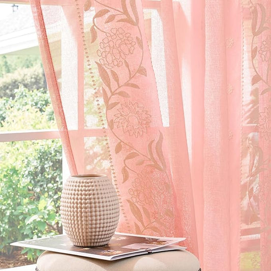 jinchan Winslow Pink Sheer Curtains 84 Inch for Bedroom Living Room Embroidered Bordered Floral Nursery Curtains for Girls Room Dorm Light Filtering, Beige on Pink, 2 Panels, 50W x 84L