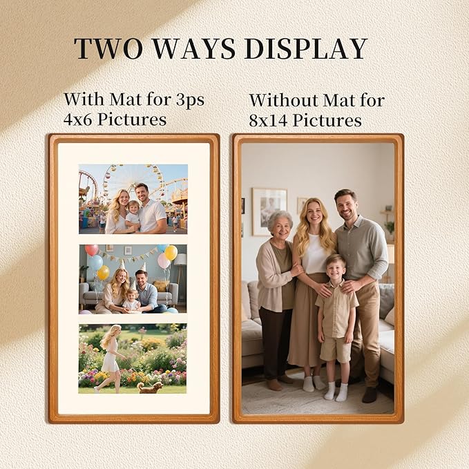 8x14 Collage Picture Frame Teak Wood, Multiple Three 4x6 Photos or 8x14 without Mat, Rustic Photo Frame with Tempered Glass Hanging Displaying Horizontally or Vertically