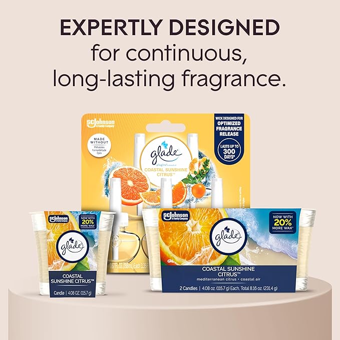 Glade 1-Wick Scented Candle Jar, Coastal Sunshine Citrus, Air Freshener Infused with Essential Oils, 4.08 Oz, 2 Count