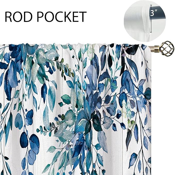 Farmhouse Teal Eucalyptus Small Kitchen Curtains Blue Leaves Window Treatment Turquoise Wooden Cafe Short Curtains for Bathroom Dining Laundry Room Botanical Tier Treatment Drapes 27.5x39 inch