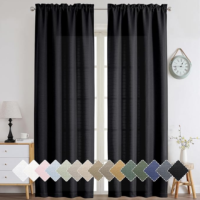 Chyhomenyc Black Curtains 96 Inch Length 2 Panels, Faux Linen Textured Semi Sheer Light Filtering Airy Soft Privacy Farmhouse Curtain Drapes for Living Room Bedroom, Each 40" Wx96 L
