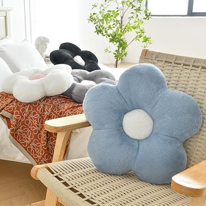 Flower Pillows, Soft Decorative Throw Pillows for Couch Chair Bed, Flower Floor Throw Pillows for Adults Bedroom Living Room (Grey Blue, 19.6 Inches)