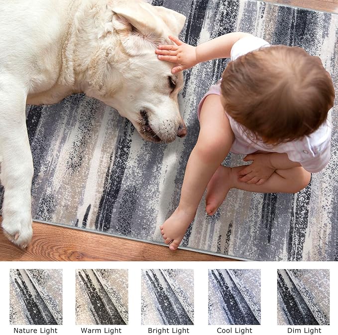 Lansny Modern Abstract 5x7 Machine Washable Area Rug Non-Slip Soft Bedroom Living Romm Rug Grey Black Multi Ultra Thin Print Faux Wool Floor Carpet Throw Rugs for Nursery Playroom Dining Room Indoor