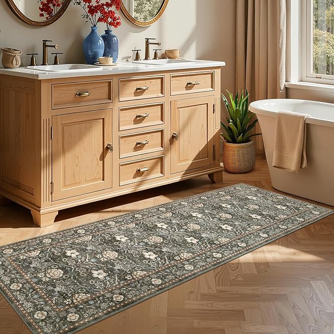 GarveeHome Washable Runner Rug 2x6, Non Slip Floral Kitchen Runner for Hallway Entryway Laundry Bathroom Mat Farmhouse Thin Stain Resistant Carpet for Bedroom Beside Rug