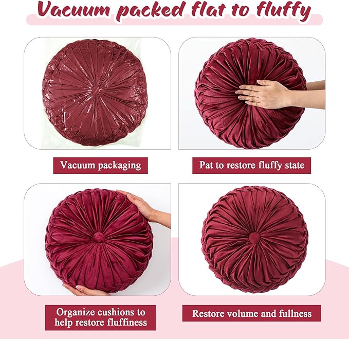 Drydiet 1 Pcs Round Throw Velvet Pillows Decorative Pleated Throw Pillows 15'' Diameter Accent Pumpkin Boho Chair Cushion for Couch Sofa Home Decoration (Burgundy)
