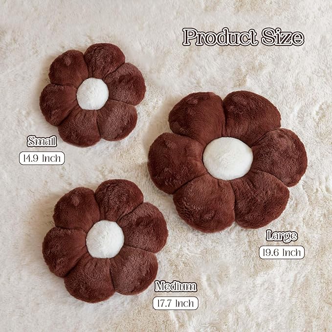 Kcvvcr Brown Flower Pillow Cute Decorative Flower Throw Pillow with Faux Rabbit Fur 19.6" Soft Daisy Plush Floor Cushion Aesthetic Room Decor for Bed Sofa Couch