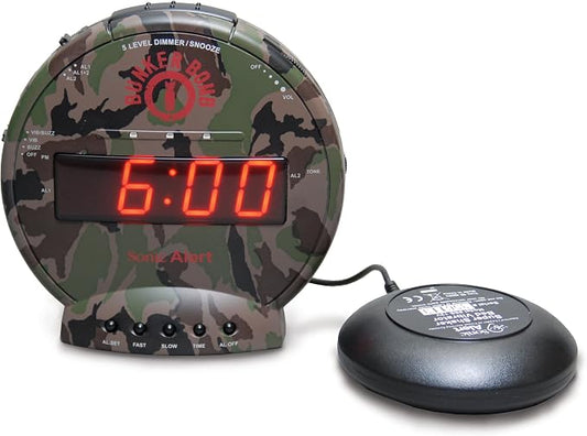 Sonic Bomb Dual Alarm Clock with Bed Shaker, Camouflage | Sonic Alert Vibrating Alarm Clock Heavy Sleepers, Battery Backup | Wake with a Shake by SonicAlert