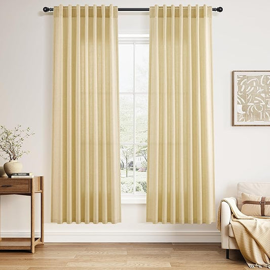 Nanspring Cream Yellow Curtains for Living Room 72 Inches Linen Blend Light Filtering Modern Farmhouse Semi Sheer Curtains Back Tab Privacy Neutral Curtain for Bedroom Office 52x72, 2 Panels