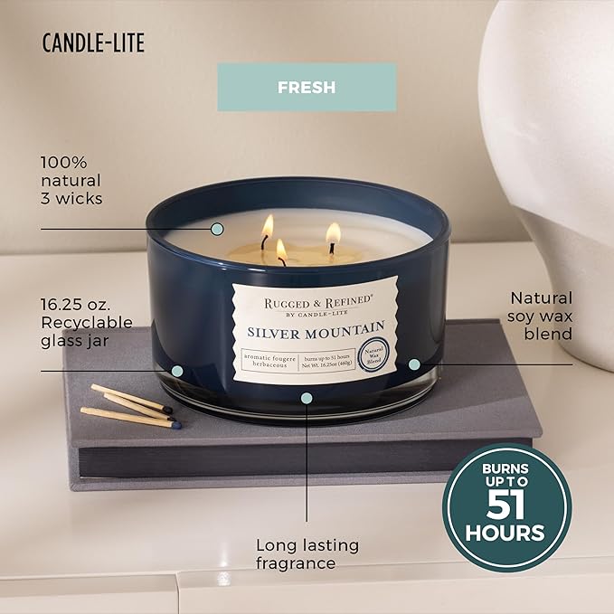Candle-Lite Scented Candles for Men, Silver Mountain Fragrance, 16.25 oz Jar, 3-Wick, 51 Hours of Burn Time, Masculine Aromatherapy with Long Lasting Scent, Ideal Gift for Father's Day and Home Decor