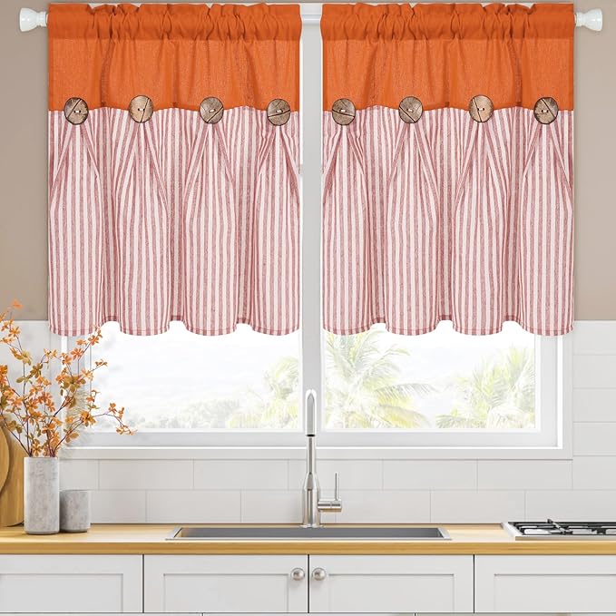 ASPMIZ Linen Kitchen Curtains 24 Inch Length, Farmhouse Boho Button Kitchen Window Curtain Over Sink, Orange Striped Short Curtains for Small Windows, Bathroom, Rod Pocket Window Treatment Tiers