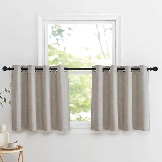 NICETOWN Thick Living Room Valances 24 inches Long, Farmhouse Grommet Faux Linen Room Darkening Curtain Tiers Thermal Insulated Window Covering Small Curtains for Cafe, Angora, W52 x L24, 1 Pair