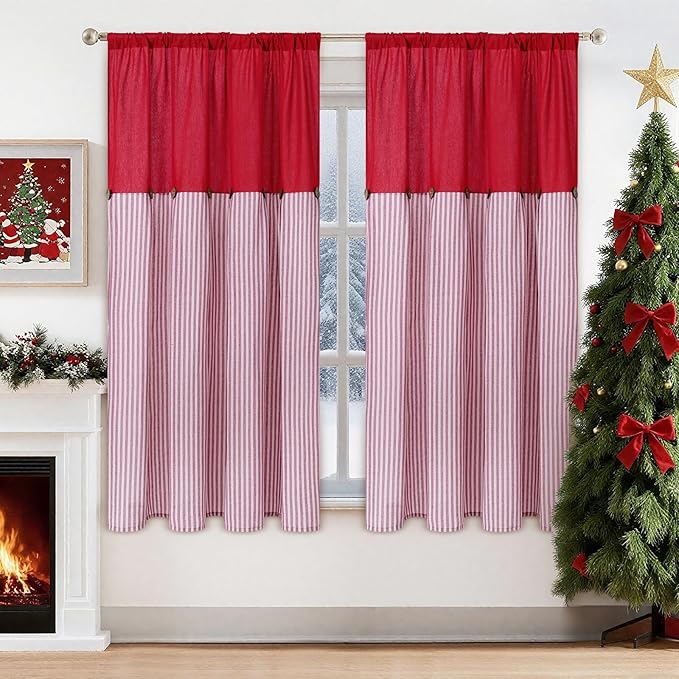 ASPMIZ Farmhouse Living Room Curtains Boho, Country Linen Curtains with Rustic Buttons, Rod Pocket & Back Tab Red Striped Curtain for Bedroom Window Curtain Home Decor, 52 x 63 Inch, 2 Panels