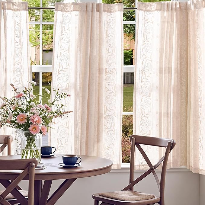 jinchan Winslow Linen Curtains 54 Inch Length Small Window Curtains Embroidered Bordered Floral Drapes Light Filtering for Bathroom Laundry Room Kitchen Farmhouse Decor White on Beige 2 Panels