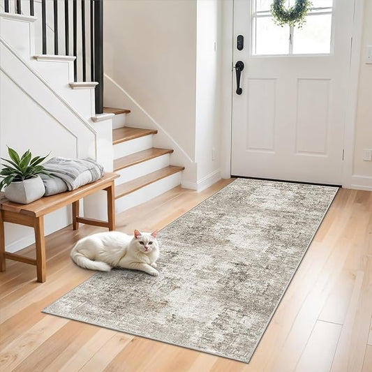 2x6 Washable Non-Slip Hallway Runner Rug – Modern Abstract Soft Carpet Runner for Kitchen, Bedroom with Rubber Backing – Low-Pile Thin Stain-Resistant Rug for Laundry Room, Entryway – Beige/Grey
