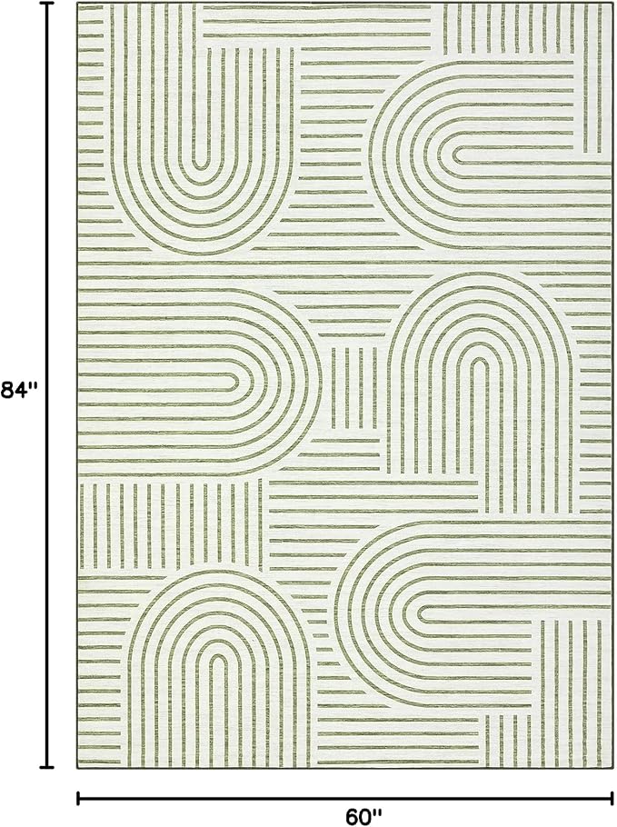 ROYHOME Washable Rug 5x7 Area Rugs for Living Room, Abstract Rug for Bedroom, Soft Rainbow Non Slip Throw Rugs with Rubber Back, Low Pile Stain Resistant Boho Geometric Carpet for Dining Room, Green