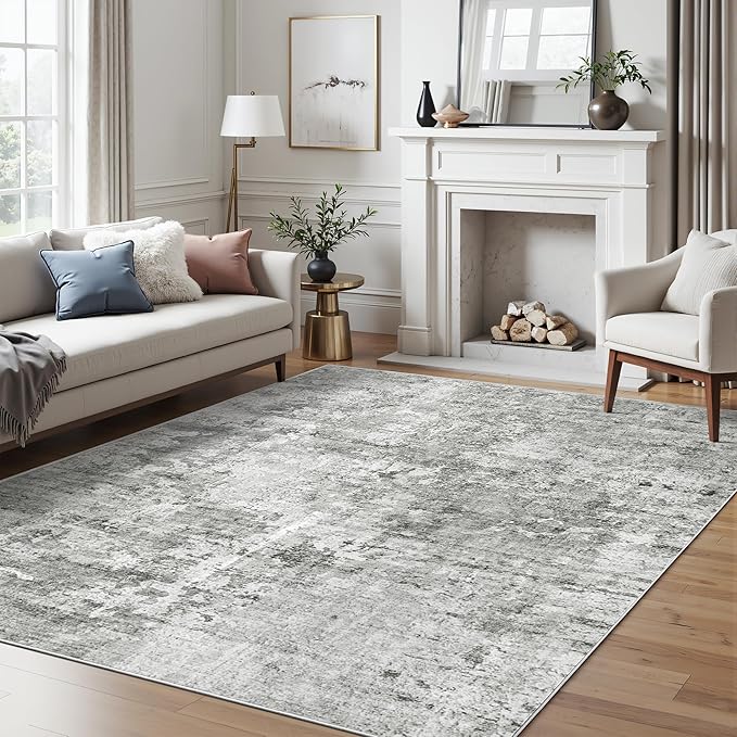 Soalmost 6x9 Abstract Area Rugs for Living Room 6 x 9 Washable Non Slip Low Pile Gray Rugs for Bedroom Dining Room Foldable Thin Gray White