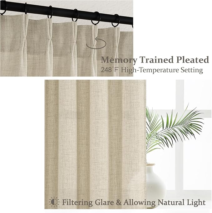 PleatedDrapes Light Flax Sheer Pinch Pleated Drapes 105 Inches Long for Living Room, Elegant Warm Beige Light-Filtering Semi Through Boho Curtains Office 104-105 Inch Large Window Curtain 2 Panels Set