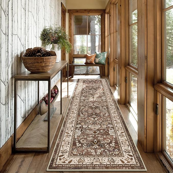 LOKHOM Washable Runner Rug, 2x8 Non Slip Vintage Hallway Runner Rug with Rubber Backing, Boho Floral Soft Faux Wool Kitchen Rug Carpet Runner for Kitchen Laundry Entryway Bedroom (Dark Brown)