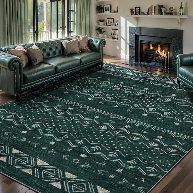 SERISSA 6x9 Area Rugs for Living Room, Washable Non-Slip Dark Green Boho Rug, Soft Low-Pile Geometric Indoor Large Carpet for Dining Room Bedroom Home Office Playroom