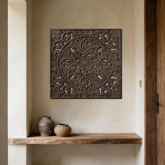 XIAOAIKA Boho Carved Wood Wall Sculpture, Intricate Floral Mandala Design with Distressed Brown Finish, Vintage Farmhouse Wall Art Panel with Solid Wood Frame for Bedroom Entryway (22" x 22")