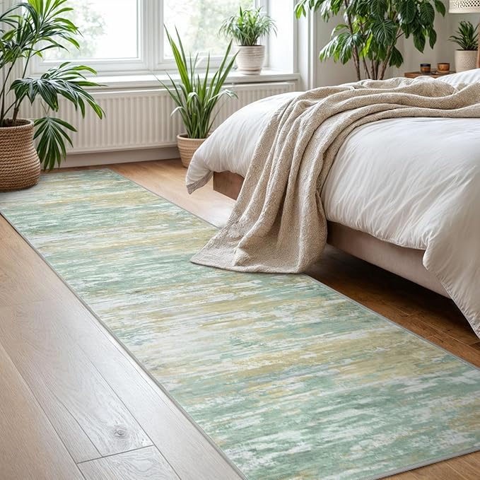KOZYFLY Modern Abstract Hallway Runner Rug, 2x8 Kitchen Rugs Non-Slip Washable Soft Striped Runner Rugs, Print Light Green Yellow Carpet Runner for Entryway Bathroom Laundry Room Foyer