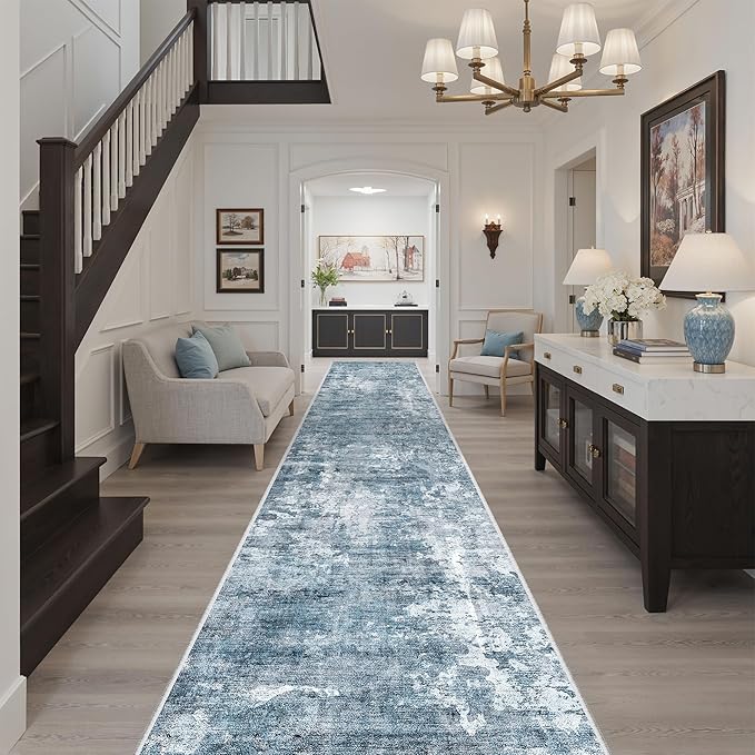 Soalmost Runner Rug 2'6" x 16' Washable Non-Slip 2.5x16 ft Long Runner Rugs for Kitchen Bathroom Laundry Room Vintage Ultra Thin Runners for Hallway Entryway Blue/Grey