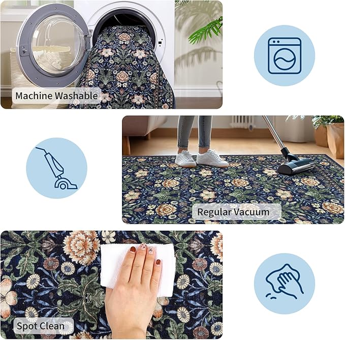 GarveeHome Washable Area Rug 6x9, Soft Vintage Floral Bedroom Rug Non Slip Low Pile Forest Green Carpet Stain Resistant Retro Navy Throw Rug for Bedside Kids Room Office Dining Room