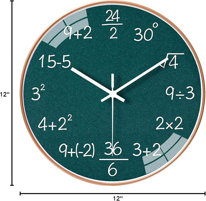 12 Inch Math Wall Clock Silent Non Ticking Movement Quality Quartz Wall Clock for Office Classroom/School/Home/Kitchen/Living Room Wall Decorations (Green)